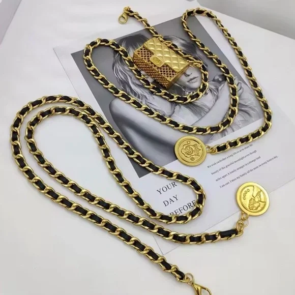 Anthro Black Gold Chain Belt With Designer Mini Charm Bag - Picture 5 of 16